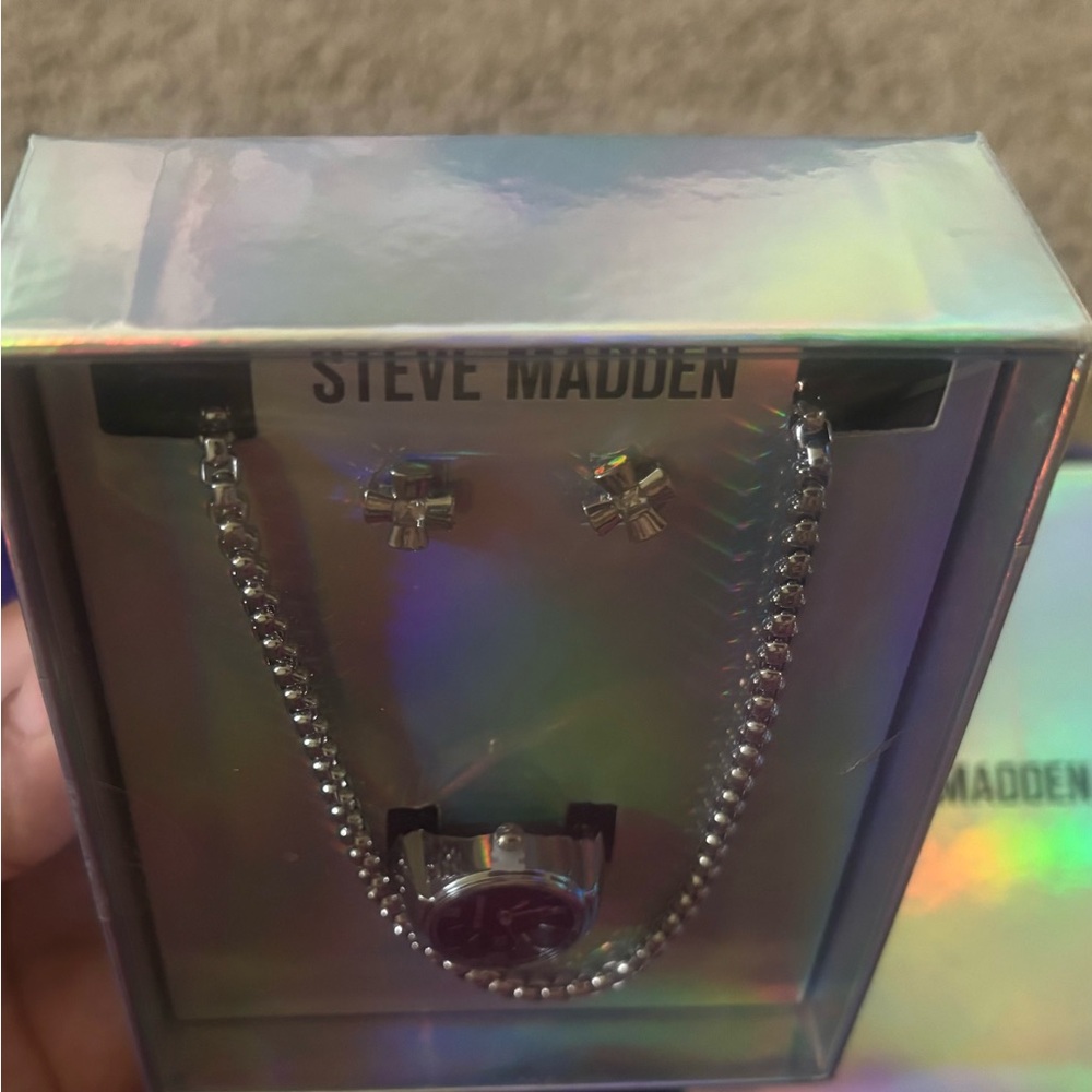Steve Madden Silver Watch and Earring Set